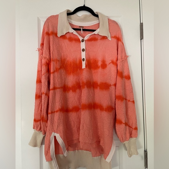 Free People Sunrise Orange Tie-Dye Henley Polo, cotton, size medium - Picture 3 of 9